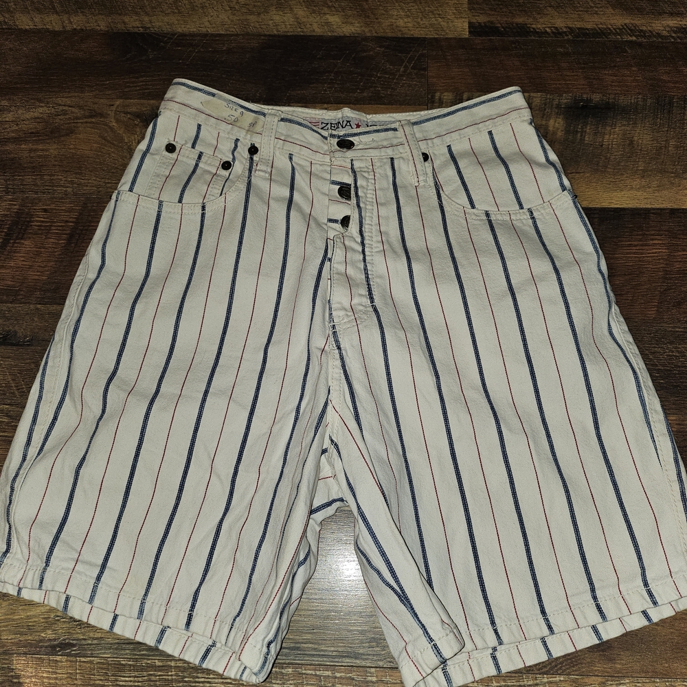 Zana Vintage  Jean Shorts - White with Blue and Red Stripes